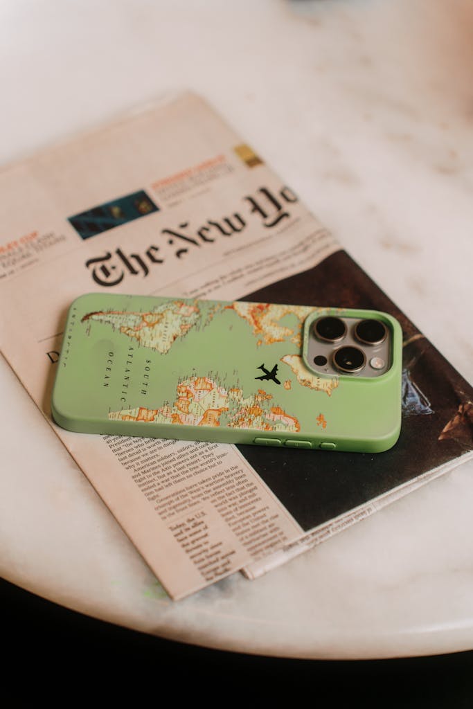 A green smartphone with a map-themed case sits on a tabletop beside a newspaper, emphasizing travel and technology.